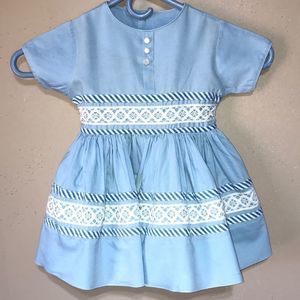 Vintage 50s handmade blue ribbon embellished crinoline dress size 12-18 months